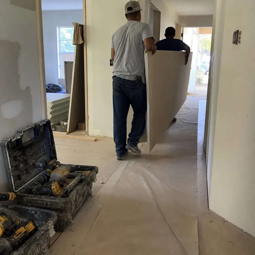 General contractors carrying a sheet of drywall during a home renovation.