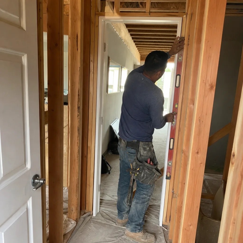 Contractor using a level to install a door frame in a remodel