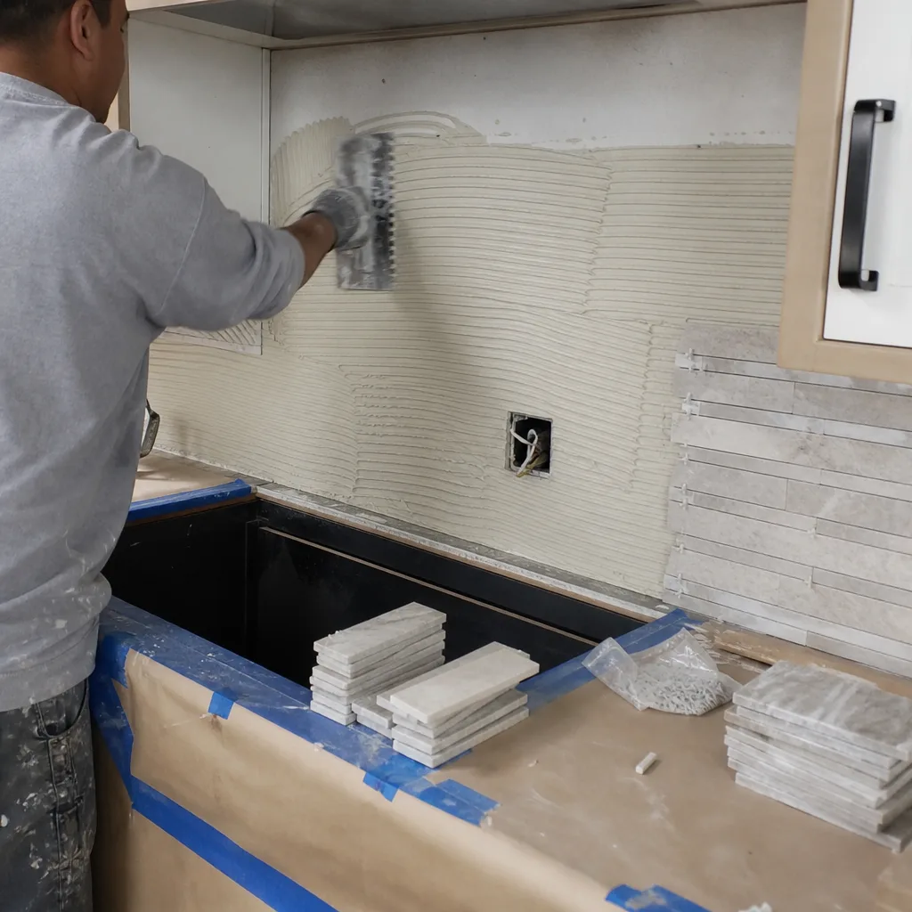 Contractor applying thin-set mortar during a professional kitchen backsplash renovation