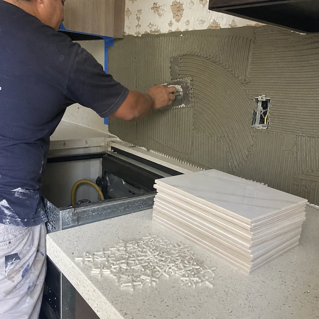Professional contractor applying mortar for a kitchen backsplash tile installation