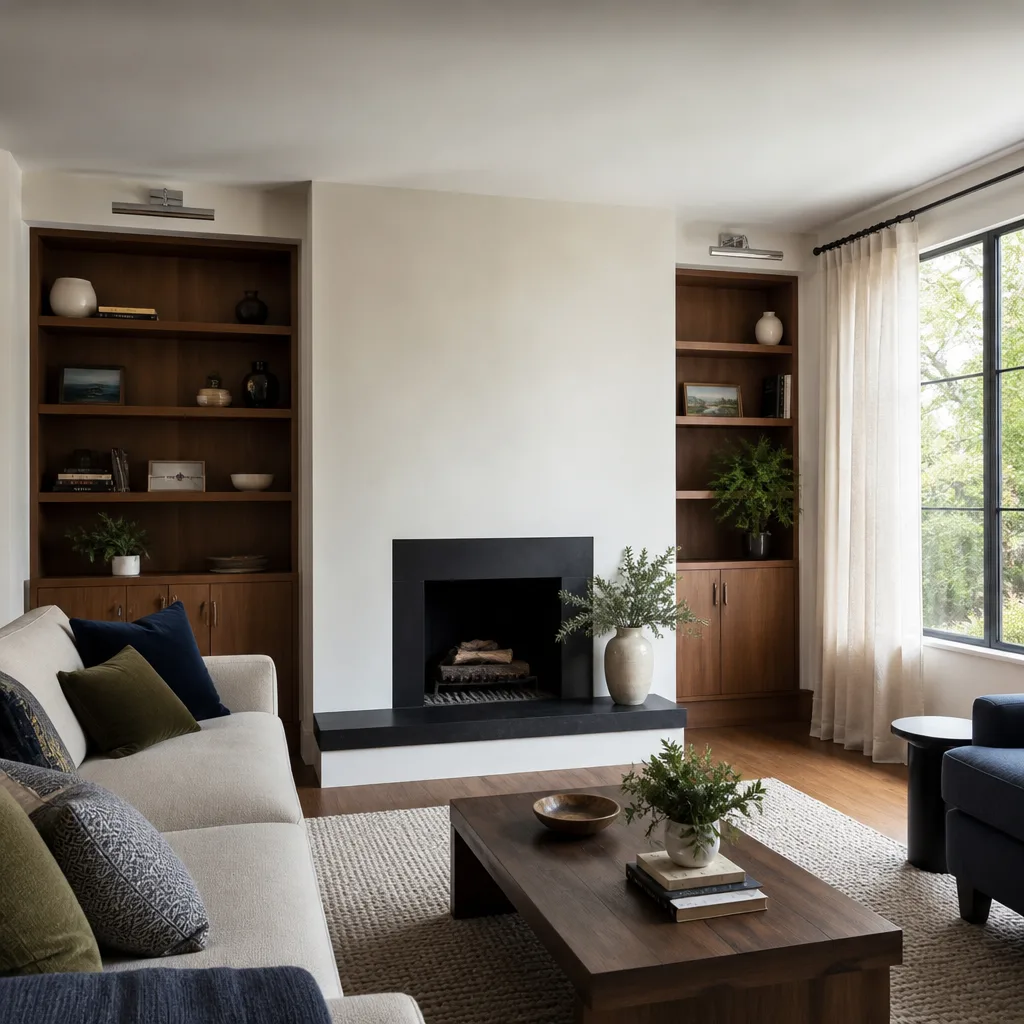 A remodeled living room with built-in shelves around the fireplace